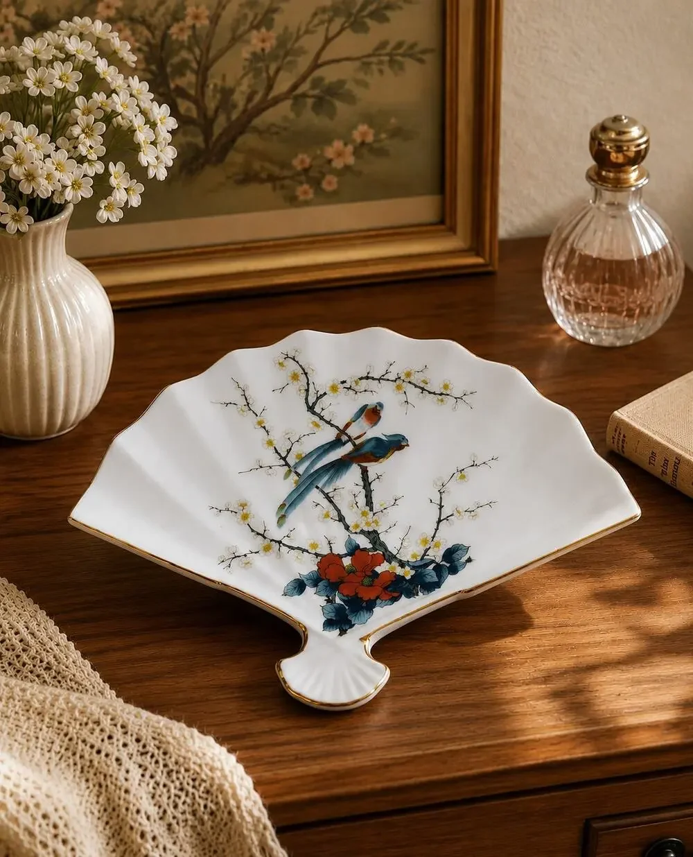 Vintage Jay Japan Fine China Fan Shaped Trinket Dish Birds Flowers Gold Trim 10